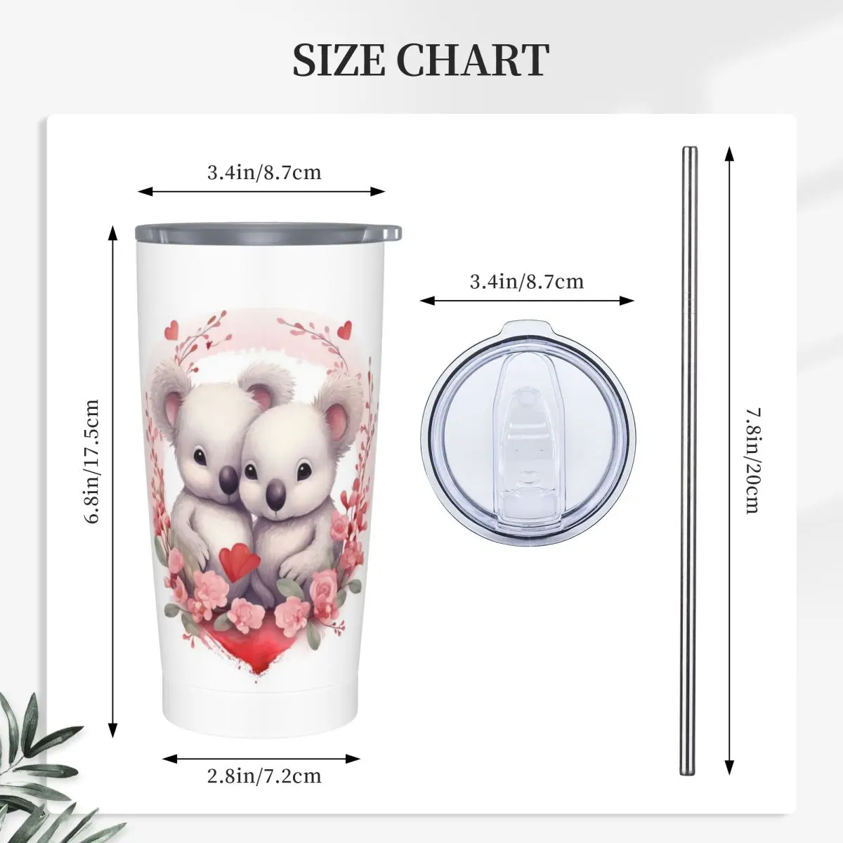 Valentine's Day Koala Bears In Love Stainless Steel Tumbler Vacuum Insulated Mug Thermal Cold Cups Straws With Lid 20oz