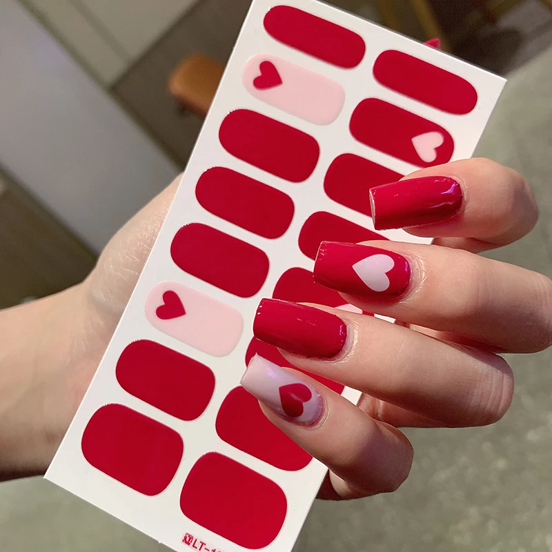 16tips Heart Full Cover Nail Stickers New Year Red Nail Art Stickers Full Nail Wraps Valentines Simple DesignDIY Nail Art Making