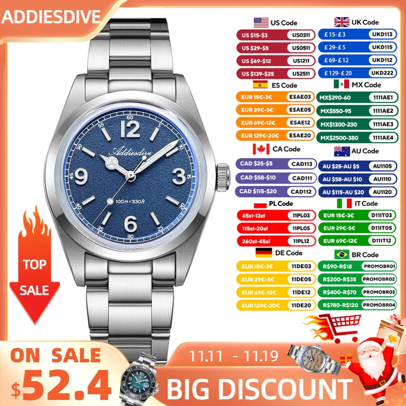 

ADDIESDIVE Watch For Men New 36mm Quartz Wristwatch 100m Waterproof BGW9 Luminous Stainless Steel Leisure VH31 Watch