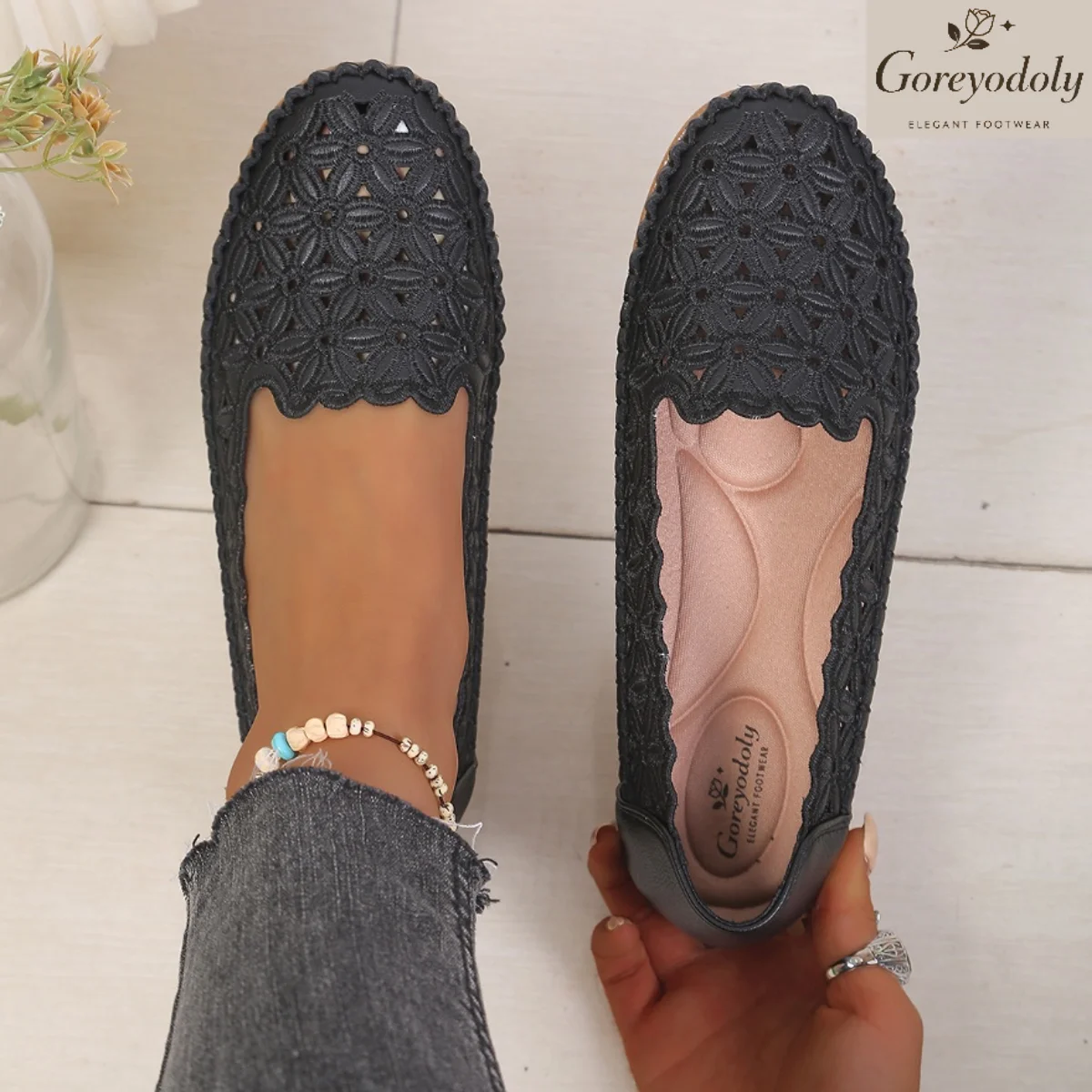 Goreyodoly Womens Wide Fit Casual Slip On Flats Hollow Floral Lace Breathable Lightweight Comfortable Walking Shoes - view 5