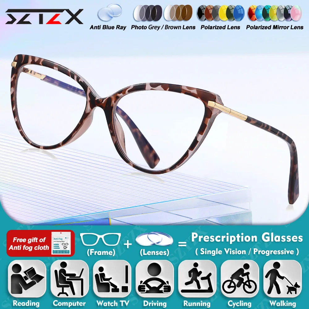 

SZTZX Trendy Cat Eye Women Myopia Reading Prescription Glasses Sweet Anti Blue Light Progressive Photochromic Optical Eyeglasses