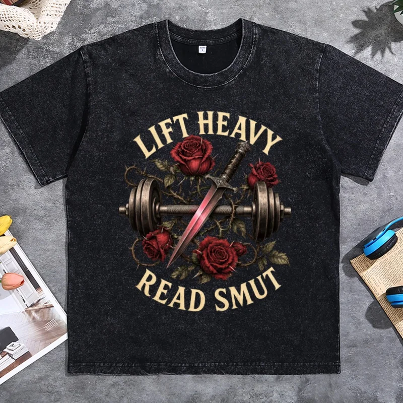 Lift Heavy Read Smut T-Shirt Funny Gym Workout Book Romance Reader Tee Gothic Weightlifter Bookworm Graphic Tee Clothing