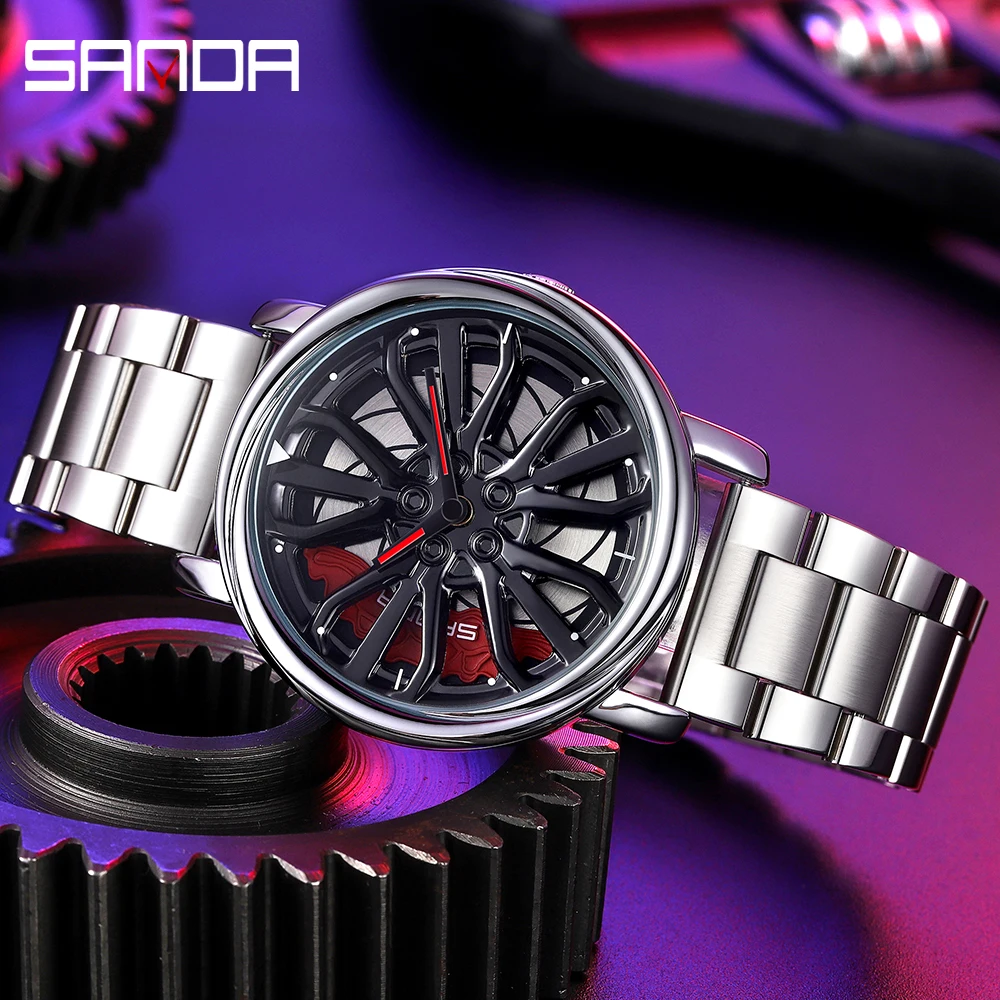 Hot‑Selling Men's Watch, 360° Rotating Car Hub Dial, Stainless Steel Waterproof Sports Quartz Fashion Male Wristwatch