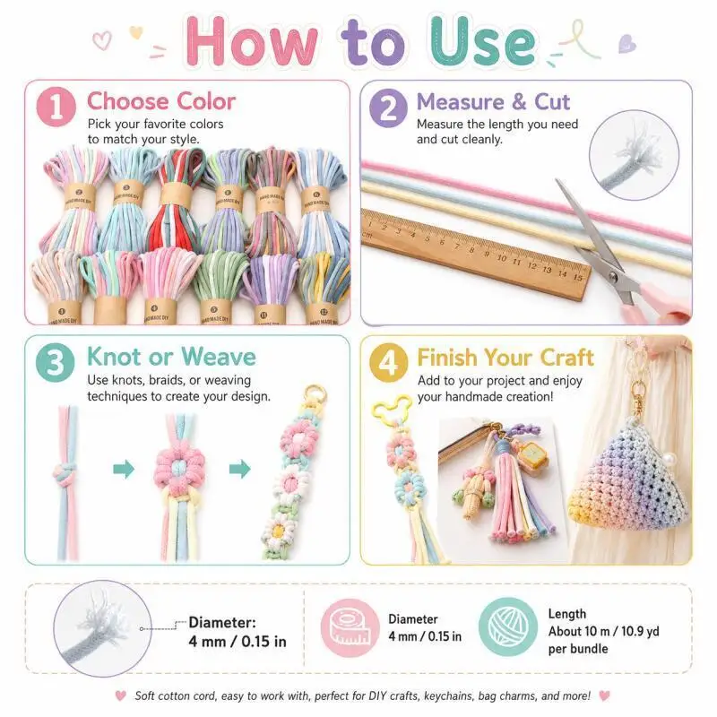 1~3 Stück Baumwollkordel 4mm 10m Farbverlauf-Seil für Taschen, Kleidung, Heimdekoration, Telefon, Auto, DIY – Detail 4