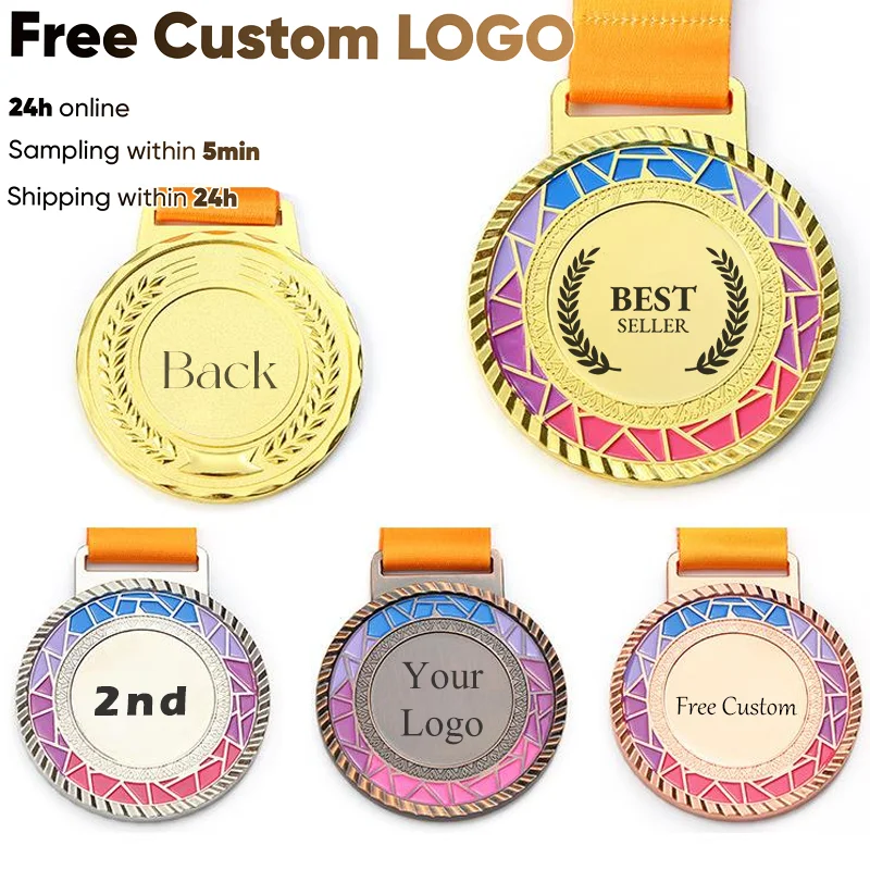 Free Custom Medals Gradient Check Colour Medal with Color Ribbon Gold Copper Color Medal Suitable For Various Competitions