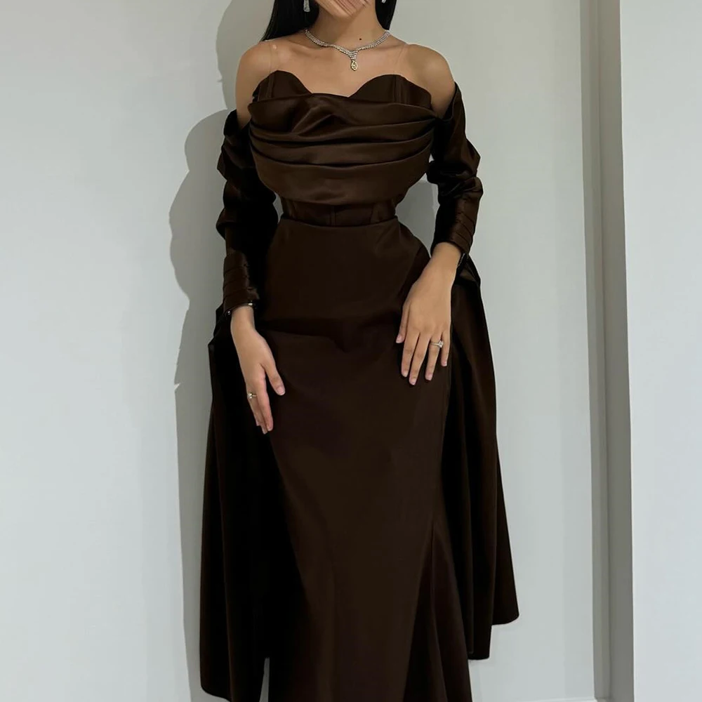 

Customized Elegant Brown Satin Mermaid Evening Dress Classic Sweetheart Off the Shoulder Half Sleeves Saudi Arabia Party Gowns