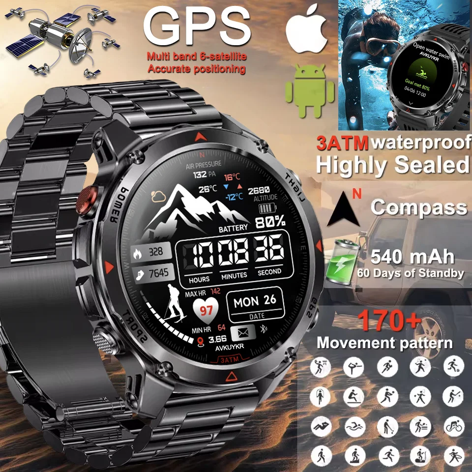 Jam Tangan Pintar GPS Petualang Multi-band 6-satelit Tahan Air 3ATM Layar AMOLED 466*466 Baterai 540mAh Kompas 170+ Mode Olahraga Untuk Pria