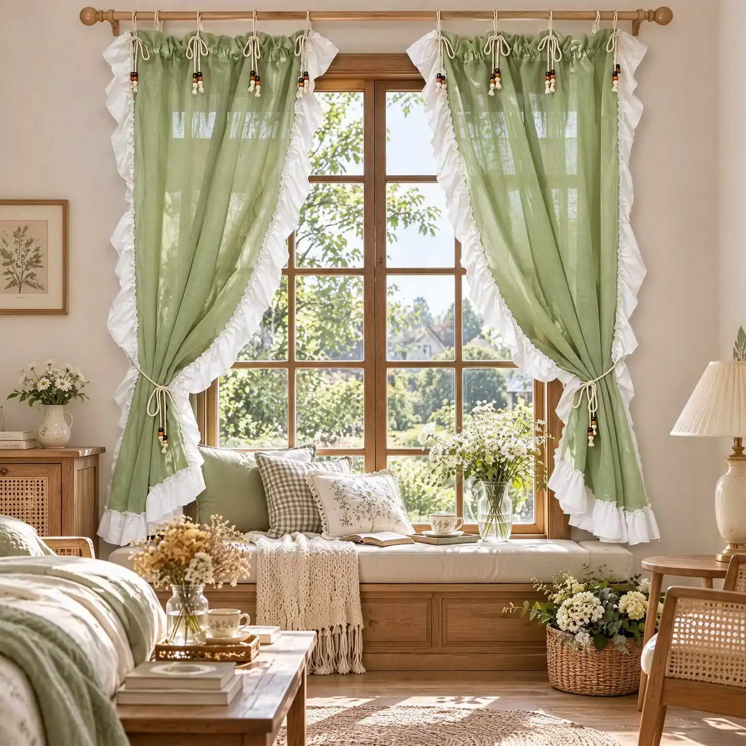 1PC Pastoral Green Solid Sheer Curtain, White Ruffled Decoration, Window Drape for Living Room, Balcony, Kitchen, Door Blinds