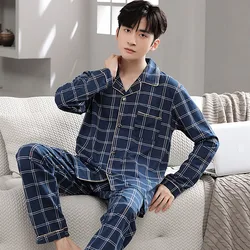 Plaid Cotton Mens Long Sleeve Sleepwear Spring Cardigan Home Clothes Male Korean Fashion Pijamas Set 2Pcs Nightwear Pyjamas