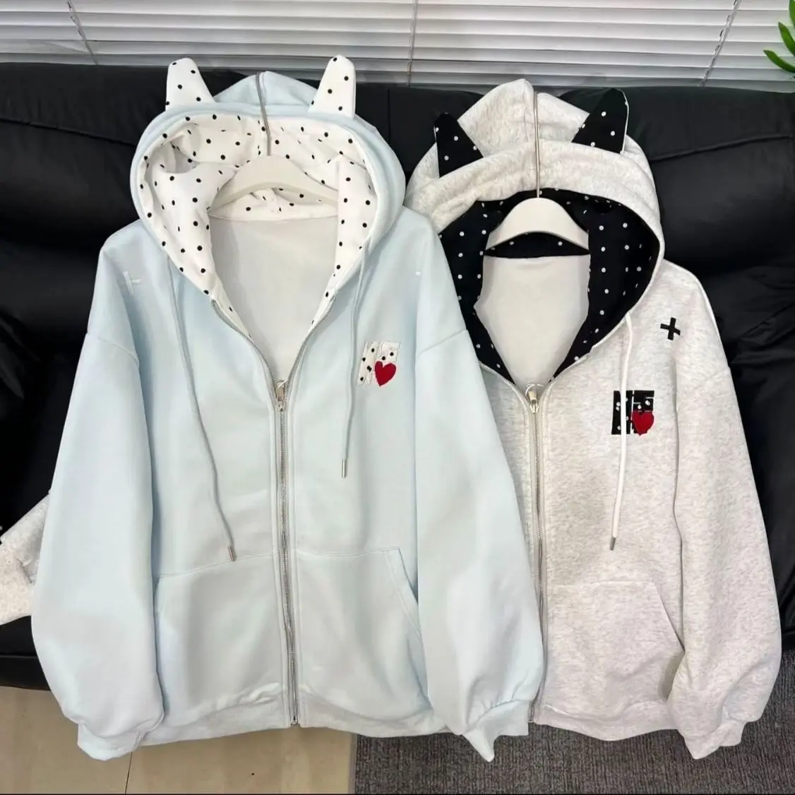 Cute Cat Ear Hoodie Women Zip Up Sweatshirt Polka Dot Color Block Loose Fit Oversized Hooded Cardigan Spring Casual Streetwear**