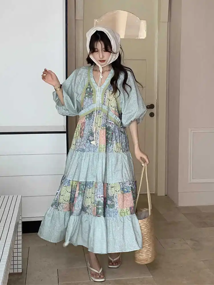 Clothland mujeres dulce estampado Midi Vestido de encaje Patchwork empalmado Puff manga Bohe una pieza lindo vestidos femeninos Vestido QE079