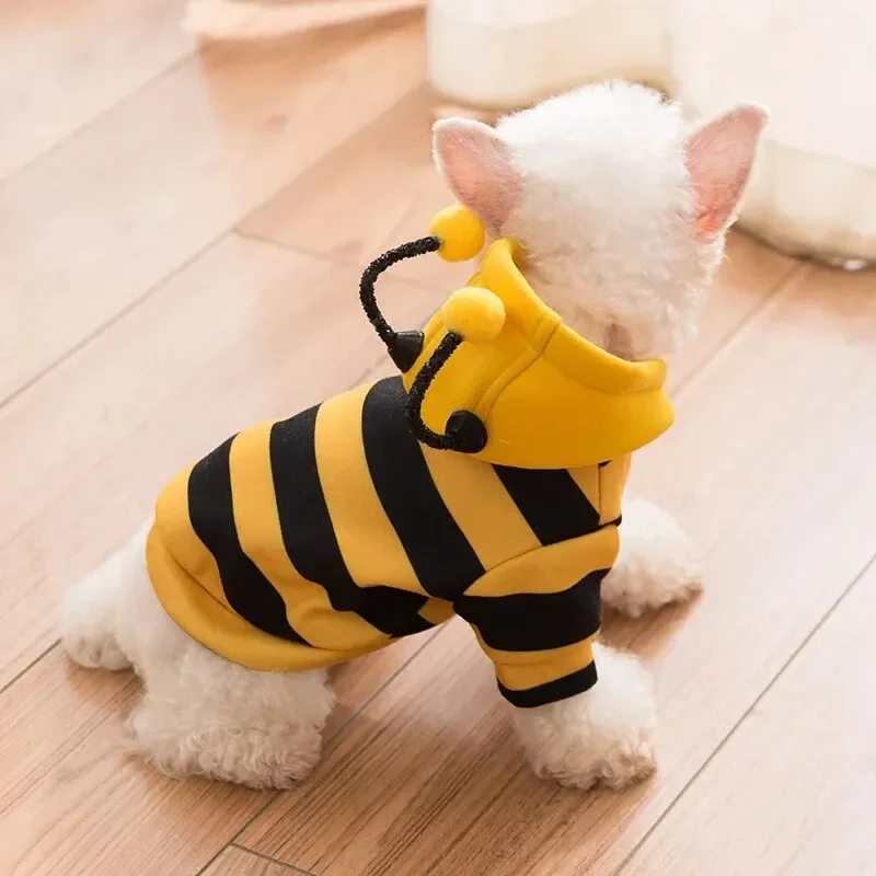 Cute Striped Dog Clothes For Autumn And Winter Schnauzer Teddy Small Puppy Cat Pet Hoodie Bee Transformation Suit