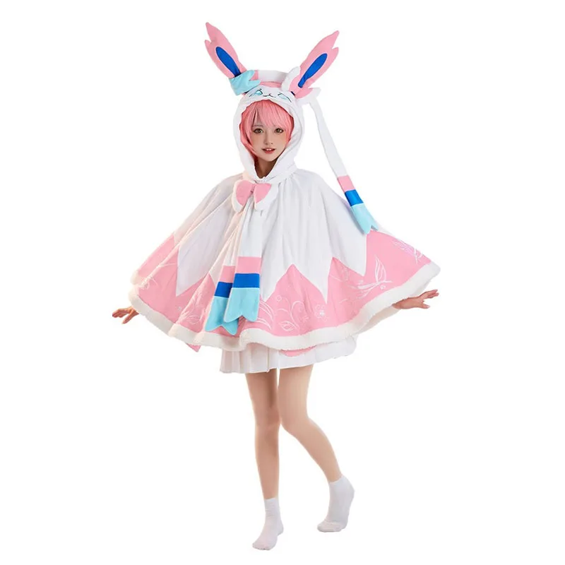 Traje de otoño e invierno con capucha para mujer, ropa de casa para fiesta de Halloween, uniformes de juego de rol, capa de Cosplay de Anime Sylveon con cola, abrigo cálido, novedad de 2025