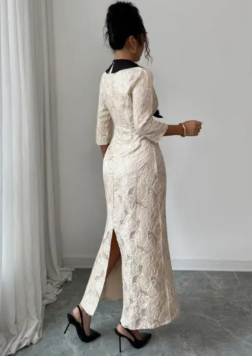 

Autumn Elegant Style High End Texture Short Sleeve Hip Wrapped Dress for Women Fashion Contrast Splicing Deep V-Neck Sexy Dress