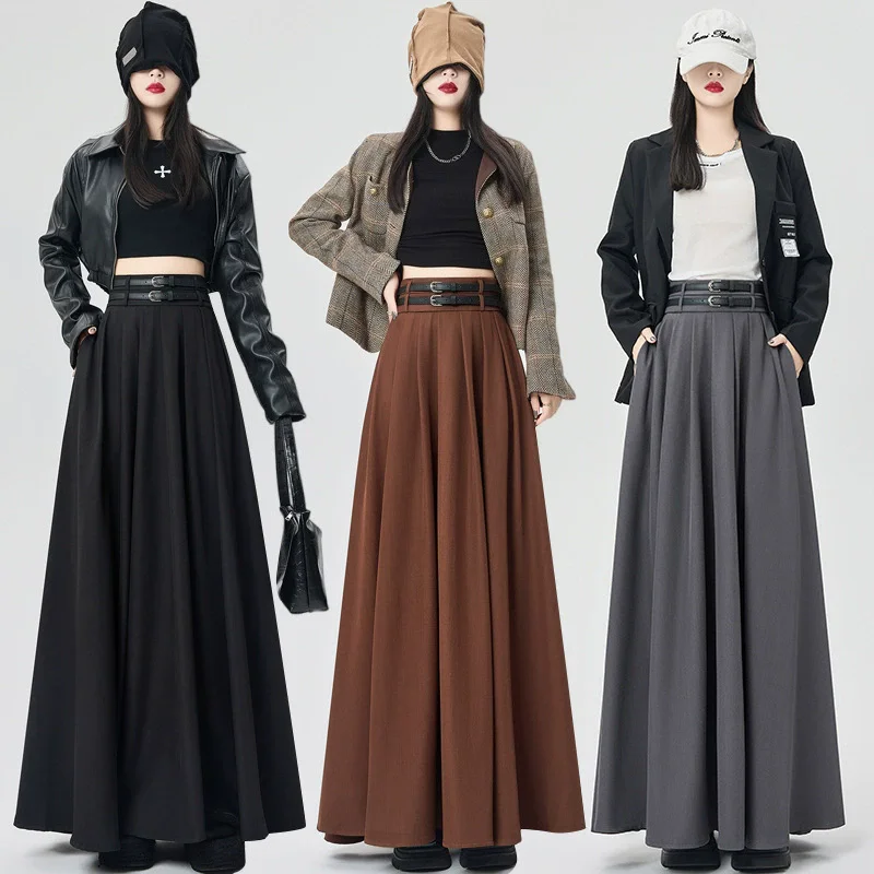 Fashion Long Black Pleated Skirt Women High Waist A Line Maxi Casual Skirt With Two Belts Elegant Slim 2026 Summer Skirt