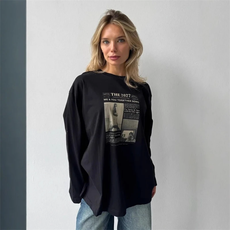 순수 코튼 긴팔 셔츠 프렌치 스트리트 레트로 레터 그래픽 얇은 스웨트셔츠 여성용 우아한 가을 데이트 나이트 선물