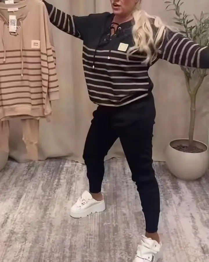 

Womens Trousers Fashionable Loose Comfortable Striped Contrasting Sports Suit Long-sleeved Lace-up Top Trousers 2-piece Set