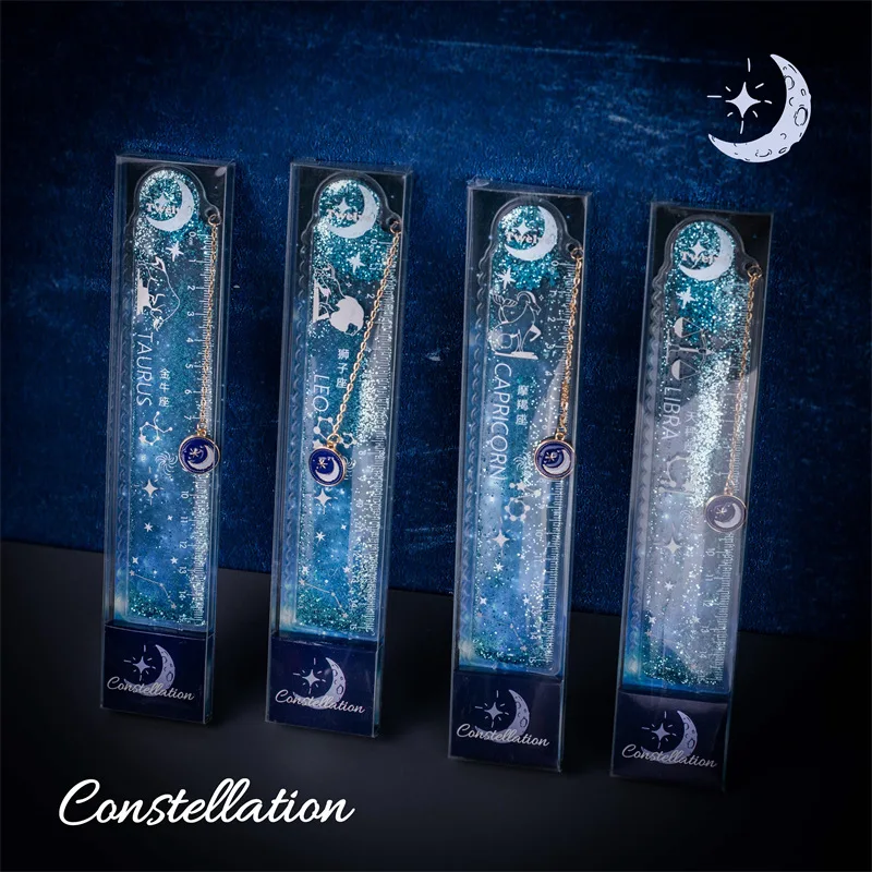 1pcs Constellation Galaxy Ruler 15cm Bookmark Pendant Type Straight & Wave Line Office School Gift F7352