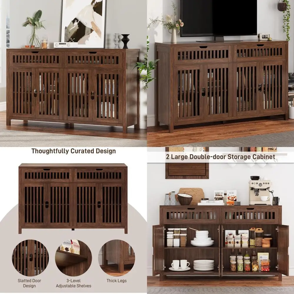 

Large 55 Storage Cabinet with Adjustable Shelves, Multifunctional for Kitchen, Dining, and Living Room, Brown