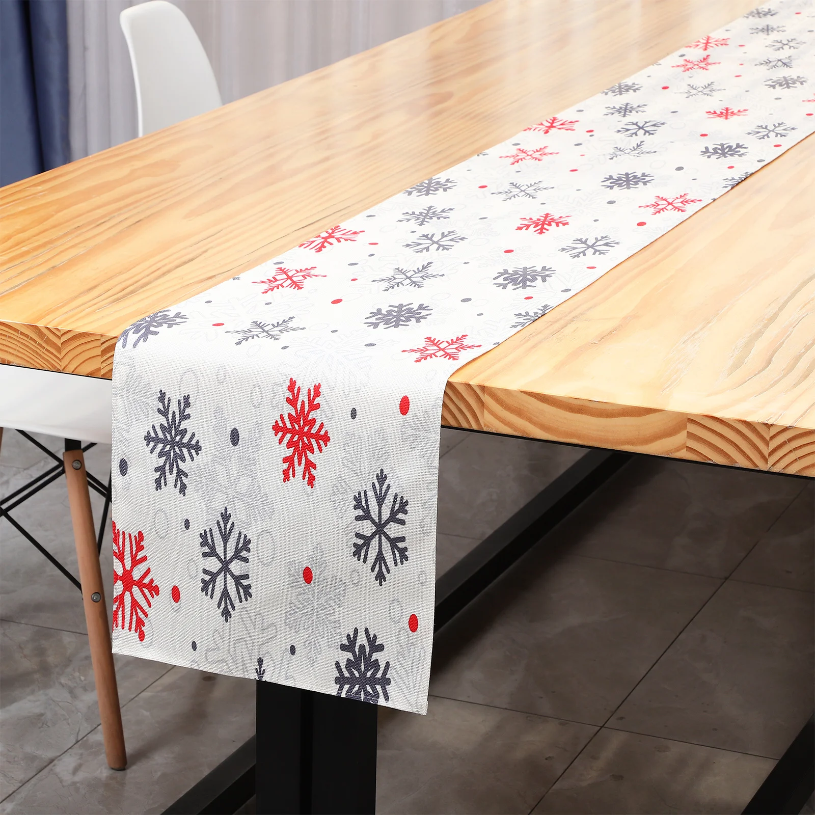 

Christmas Table Runner Linen Fabric with Snowflakes Pattern Reusable Easy Clean Decor for Dinner Party Winter Holiday