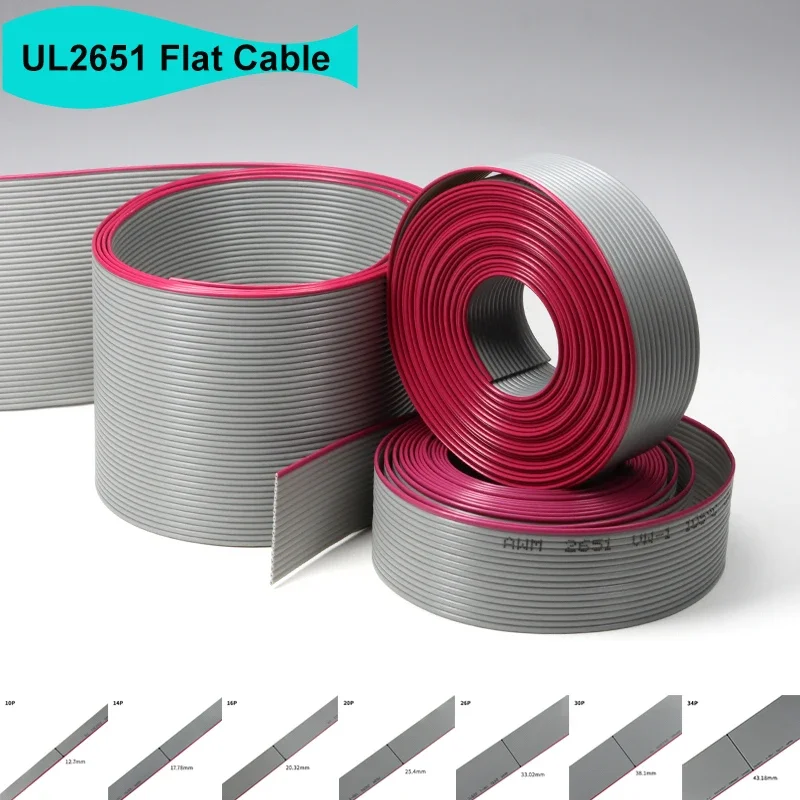 1~20m UL2651 Flat Ribbon Cable 1.27mm 28AWG Gray Wire 10 14 16 20 26 30 34 40 50 60pins 300V Data Cable for 2.54mm IDC Connector