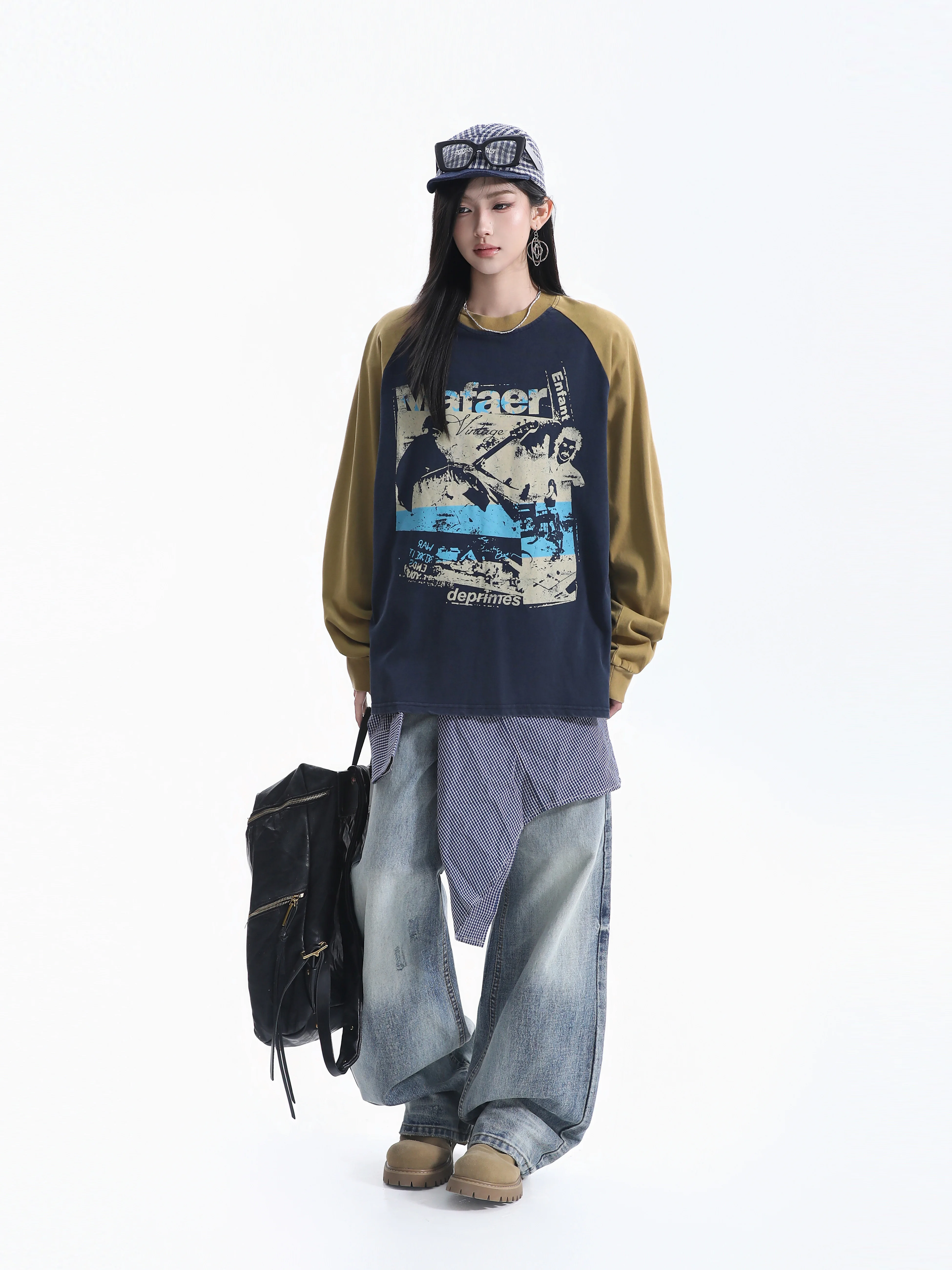 Loose Long Sleeve T-Shirt Women's Retro Poster Print American Street Style Shoulder Insertion Casual Loose Couple Top