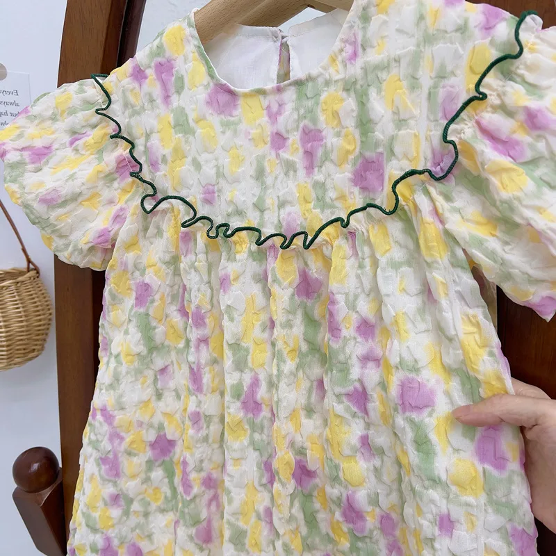 2024Summer New Children's Clothing Dress Women's Bubble Sleeve Thin Fashionable Stylish Children Princess Dress