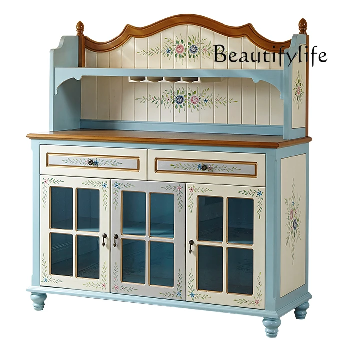 

Mediterranean Style Dining Painted Blue Large Capacity Dining Side Pastoral Style Integrated Wall Storage Cabinet