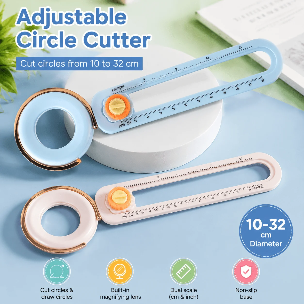 Cortador de Círculos Ajustável 10-32cm de Diâmetro, Ferramenta de Corte de Papel, Régua Retrátil com Escala Dupla, Lente de Aumento, Suprimentos para Artesanato DIY