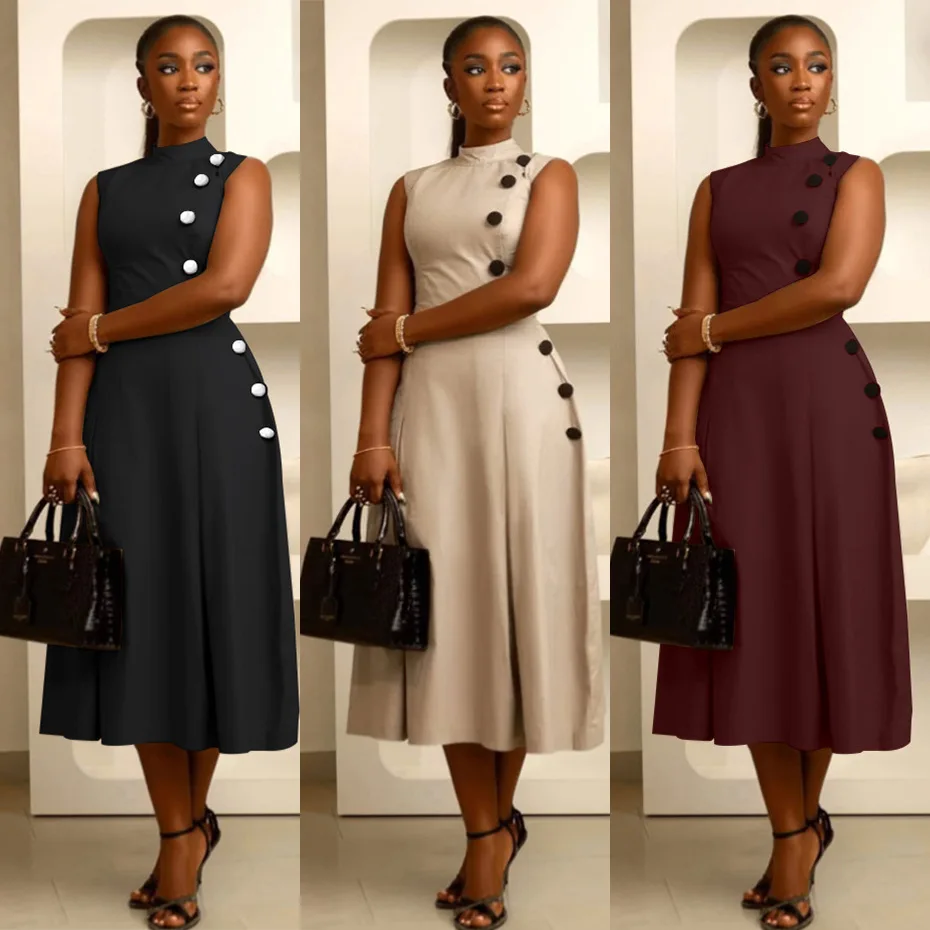 

EINY Women O-neck Elegant Sleeveless Button Long Midi Dress Casual OL Streetwear Africa Club Big Swing Dresses Vestidos y2K Traf