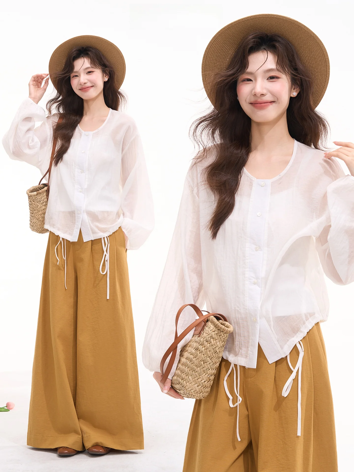 

Женская летняя/весенняя легкая рубашка Heme Flower Field Window с длинным рукавом и круглым вырезом, солнцезащитная, повседневный стиль