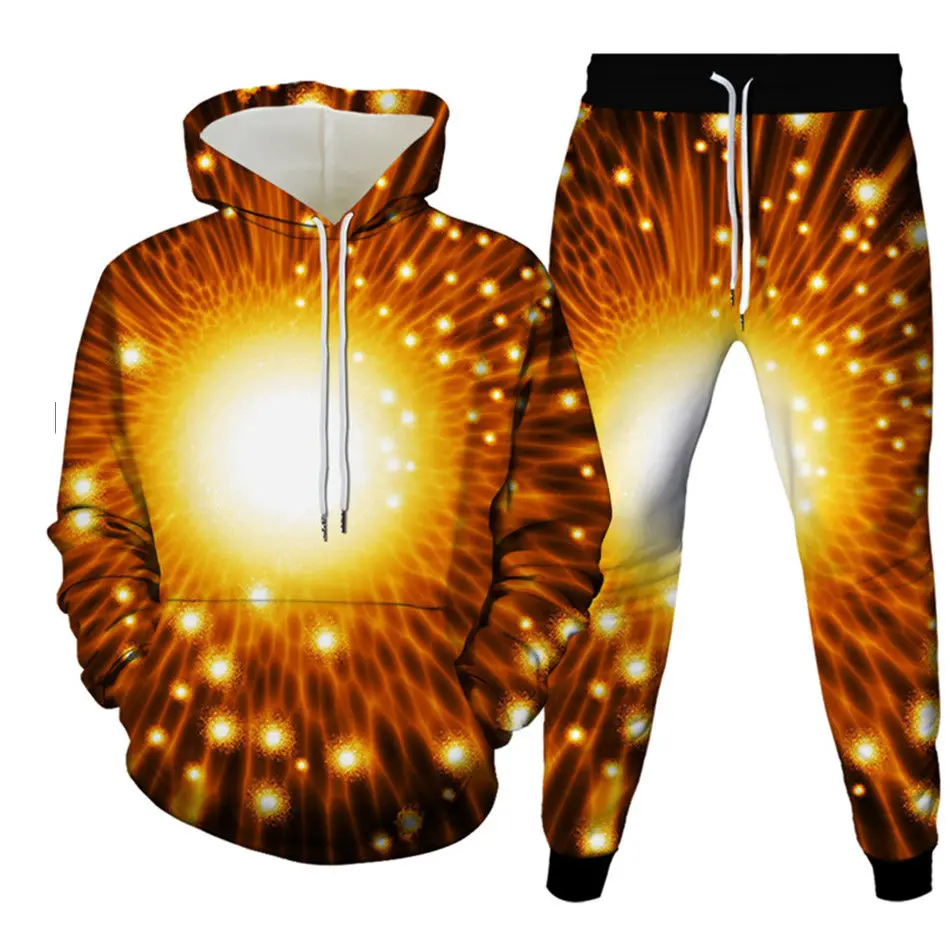 Golden Glitter Sparkle 3D Printing Hoodies+Trousers 2Pc Set Men Casual Tracksuit Harajuku Oversize Kids Suits Clothes