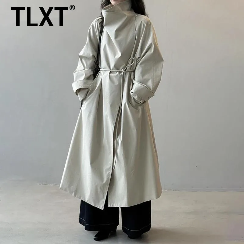 

TLXT модный женский темпераментный Тренч с нерегулярным воротником-стойкой, однотонный пояс, длинная ветровка со сборкой на талии, новинка осени 202, новинка
