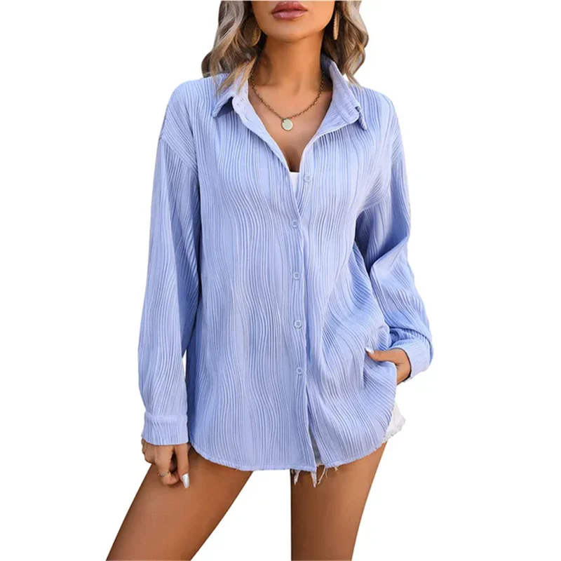 Solid Casual Loose Shirt Coat For Women Autumn Winter Long Sleeve Women's Blouses Fashion Wave Texture Elegant Female Tops Shirt