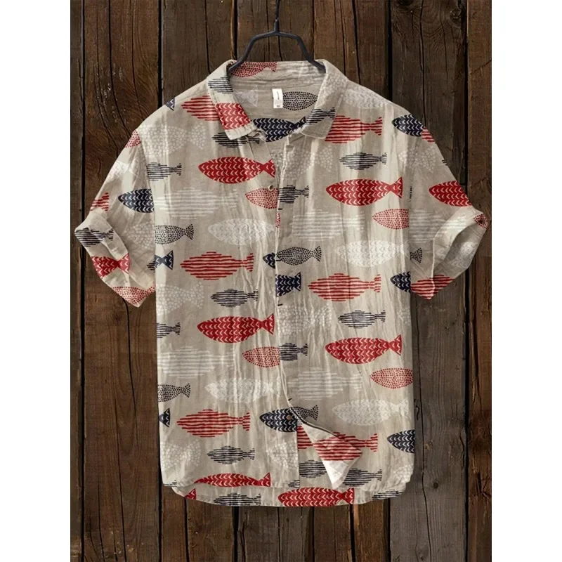 Men's Ocean Fish Art Print Short Sleeve Linen Blend Shirt Summer Hipster Button Down Shirts Retro Harajuku Japanese Style Shirt