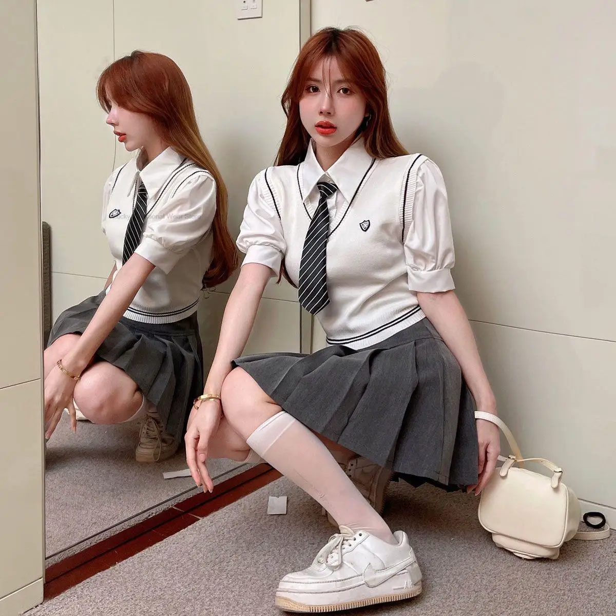 Korea Japanese Fashion Suit College Bubble Sleeve Short Chic Blouse Vest Pleated Skirt Suit Girl Casual Daily School Uniform Set