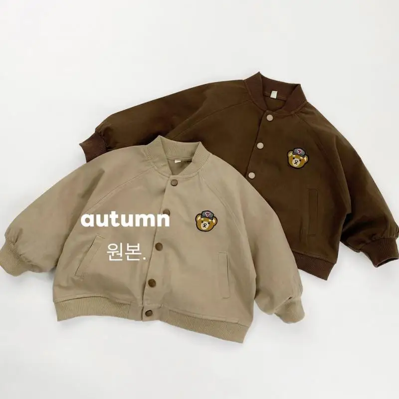 2025 Autumn New Children Long Sleeve Casual Coat Boys Girls Cute Bear Embroidery Baseball Jacket Baby Preppy Style Tops Clothes