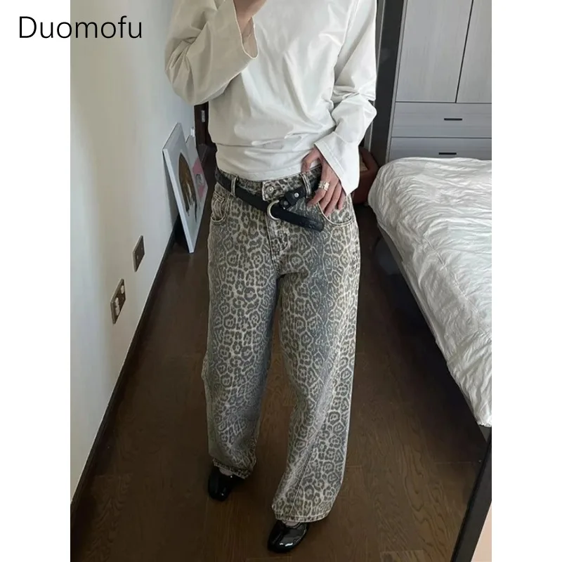 Pantalones vaqueros de pierna ancha con estampado de leopardo lavado americano para mujer, pantalones informales holgados, estilo Harajuku, Retro,