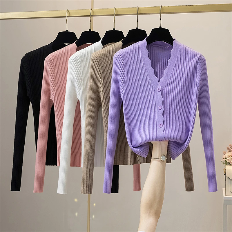 Wave scollo a v nero bianco rosa viola Cardigan donna primavera autunno stile coreano elegante donna sottile Slim aderente maglione lavorato a