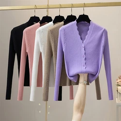 Wave V-neck Black White Pink Purple Cardigan Women Spring Autumn Korean Style Elegant Ladies Thin Slim Fitted Knit Sweater Top