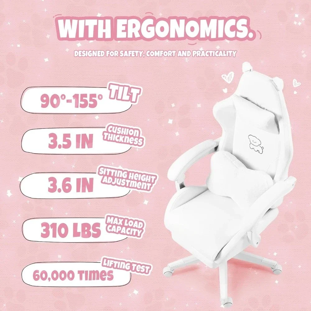 Cute Gaming Chair with Lumbar Cushion and Decorative Ears, Ergonomic Computer Chair with Footrest