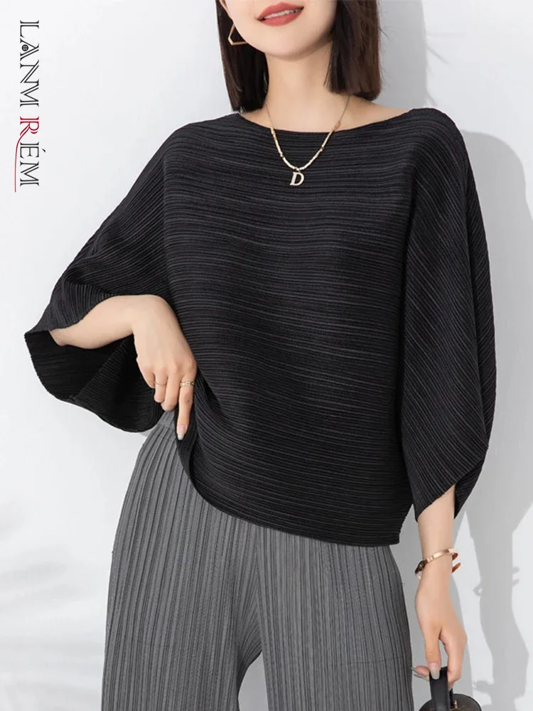 

LANMREM Loose Pleated T-shirt For Women Batwing Sleeves Solid Color Casual Top Female Comfortable Top Clothing 2024 New 2DA3991