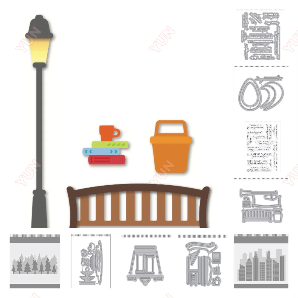 

Park Bench Basics On the Playground Metal Cutting Dies Clear Stamps Layered City Skyline Stencil for Scrapbooking Embossing DIY