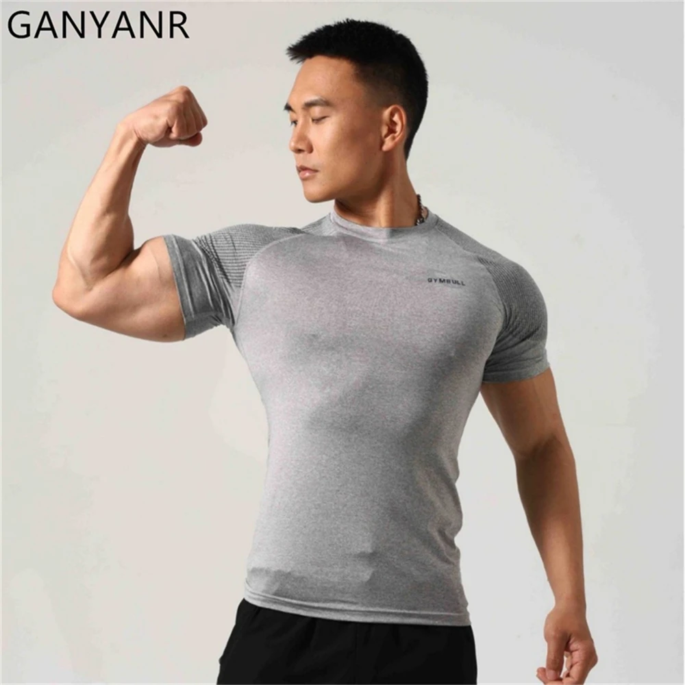 GANYANR Running T-shirt Men Compression Sportswear Short Sleeve Gym Bodybuilding Sport Basketball Training Exercise Fitness Wear