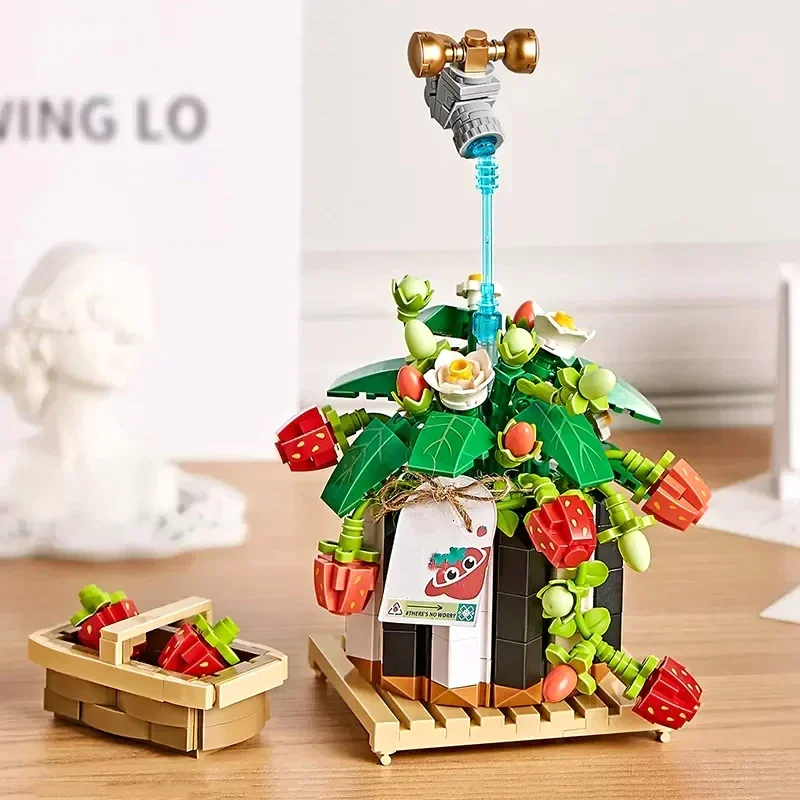 

Strawberry Bonsai Building Block Flower DIY Creative Potted Bouquet Assembled Ornaments Children's Educational Toys Gifts