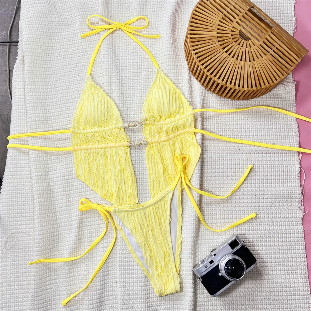 しわ加工タンキニホルタービキニ レディース水着 女性用水着 ツーピースビキニセット ハイカットレッグ ビーチウェア