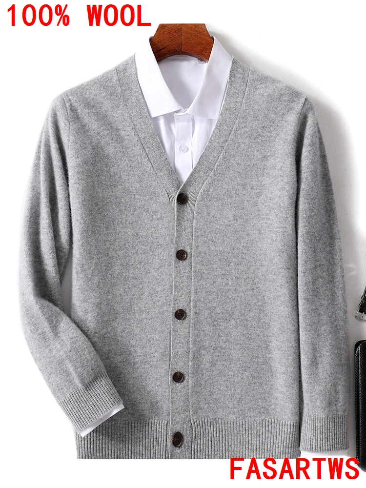 

Кардиган из 100% чистой шерсти, большой размер, вязаный свитер с v-образным вырезом, толстая версия, теплый кашемировый топ, мужское осенне-зимнее высококачественное пальто для отдыха