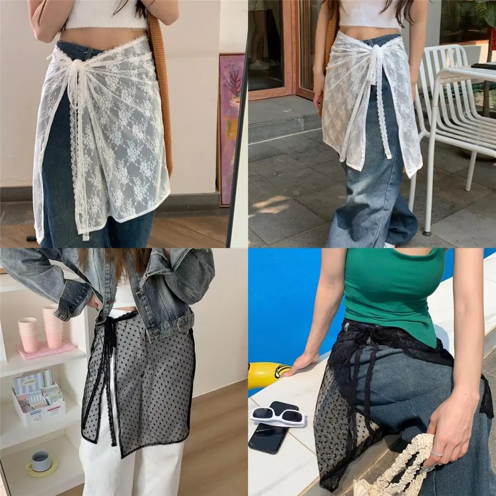 تنورة بطبقات من الدانتيل بتصميم الأزهار على طراز ملابس الشارع الكورية Y2K تنورة شفافة جمالية خفيفة الوزن ورباط الخصر للنساء