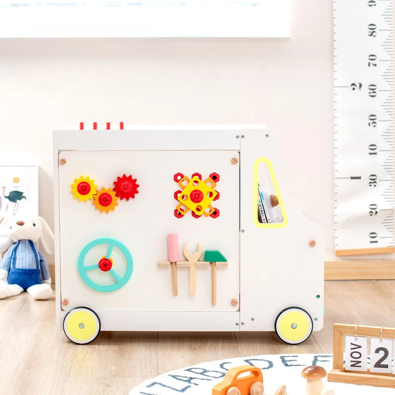 Montessori Wooden Kids Toys Multi Functional Learning Storage Cart Magnetic Blocks Drawing Blackboard Board Games Accessories