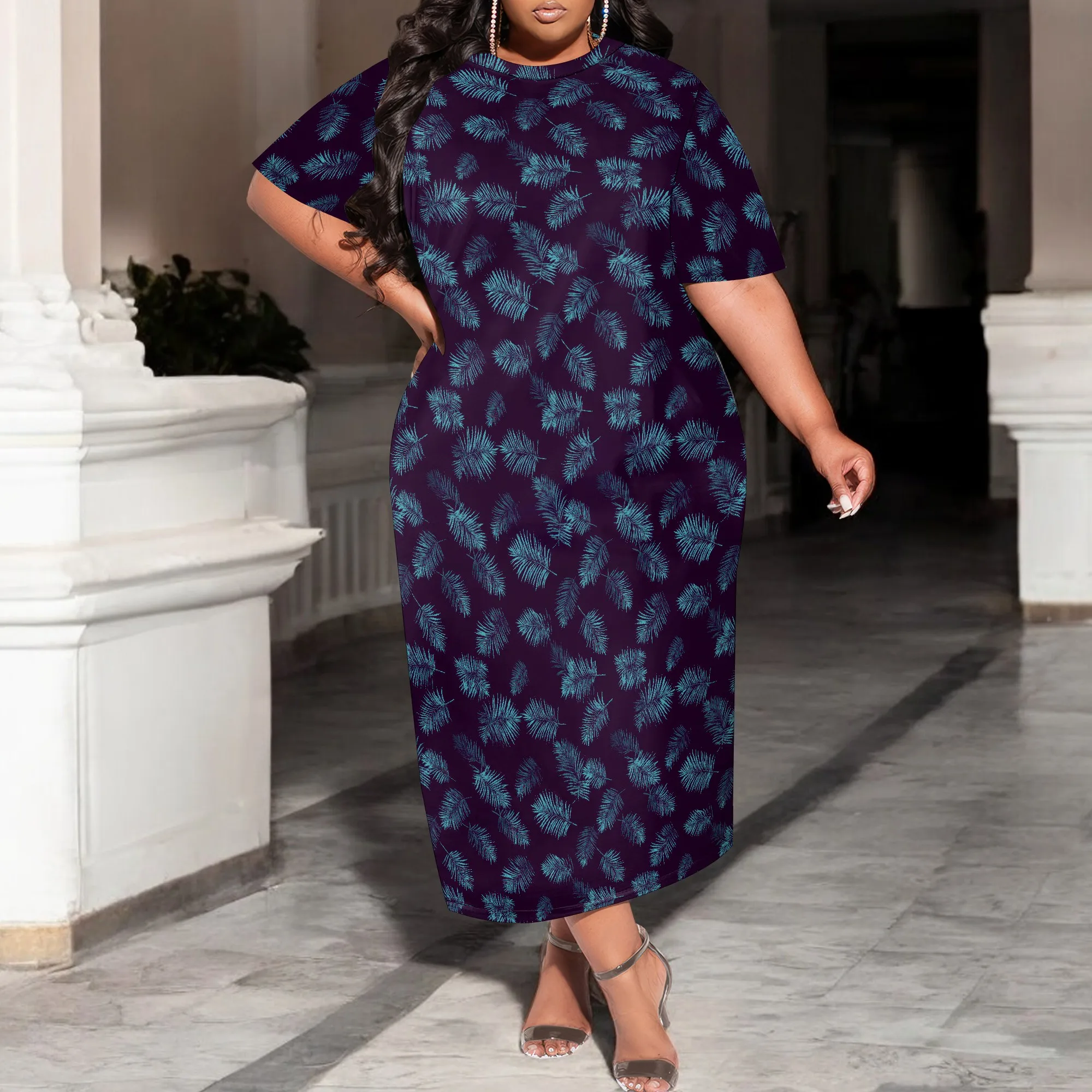 

Plus Size Maxi Dress Summer Casual Leopard Crewneck Short Sleeves Beach Sundress Empire Waist T Shirt Long Dress with Pockets